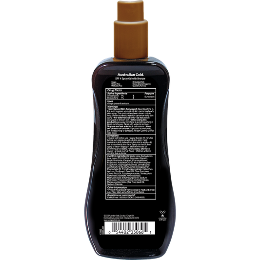 Australian Gold SPF 4 Spray Gel Bronzer in 8 oz bottle, easy-to-apply skin care sunscreen with bronzing benefits