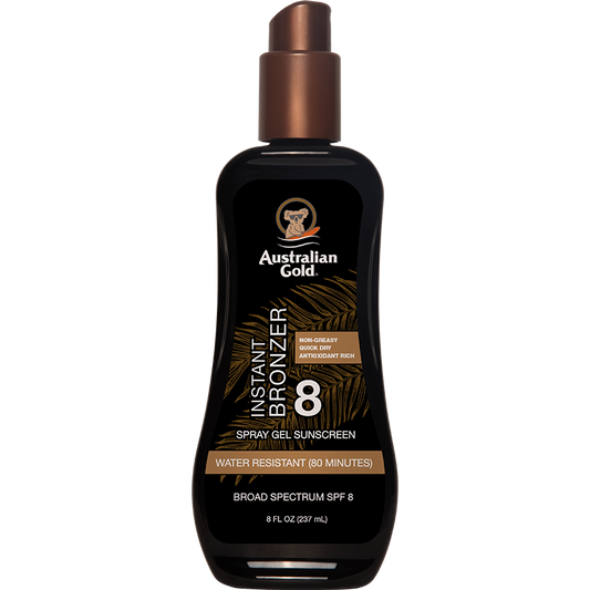 Australian Gold SPF 8 Spray Gel Bronzer in 8 fl oz bottle, skin care product with a spray application for a bronzed glow