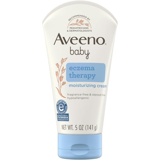 Aveeno Baby Eczema Therapy Moisturizing Cream for dry skin, 5 oz, soothing skin care product in a white tube with blue cap