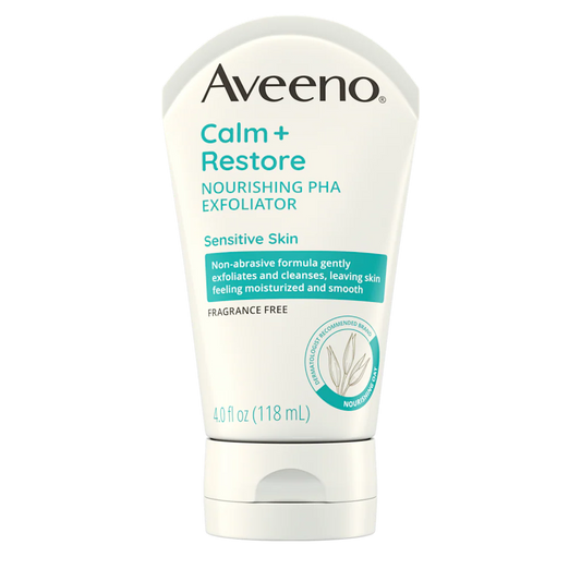 Aveeno Calm + Restore Nourishing PHA Facial Exfoliator in 4 oz bottle, gentle skin care product for exfoliation and skin renewal.