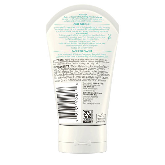 Aveeno Calm + Restore Nourishing PHA Facial Exfoliator 4 oz in a white tube, designed for gentle skin renewal and soothing skincare.