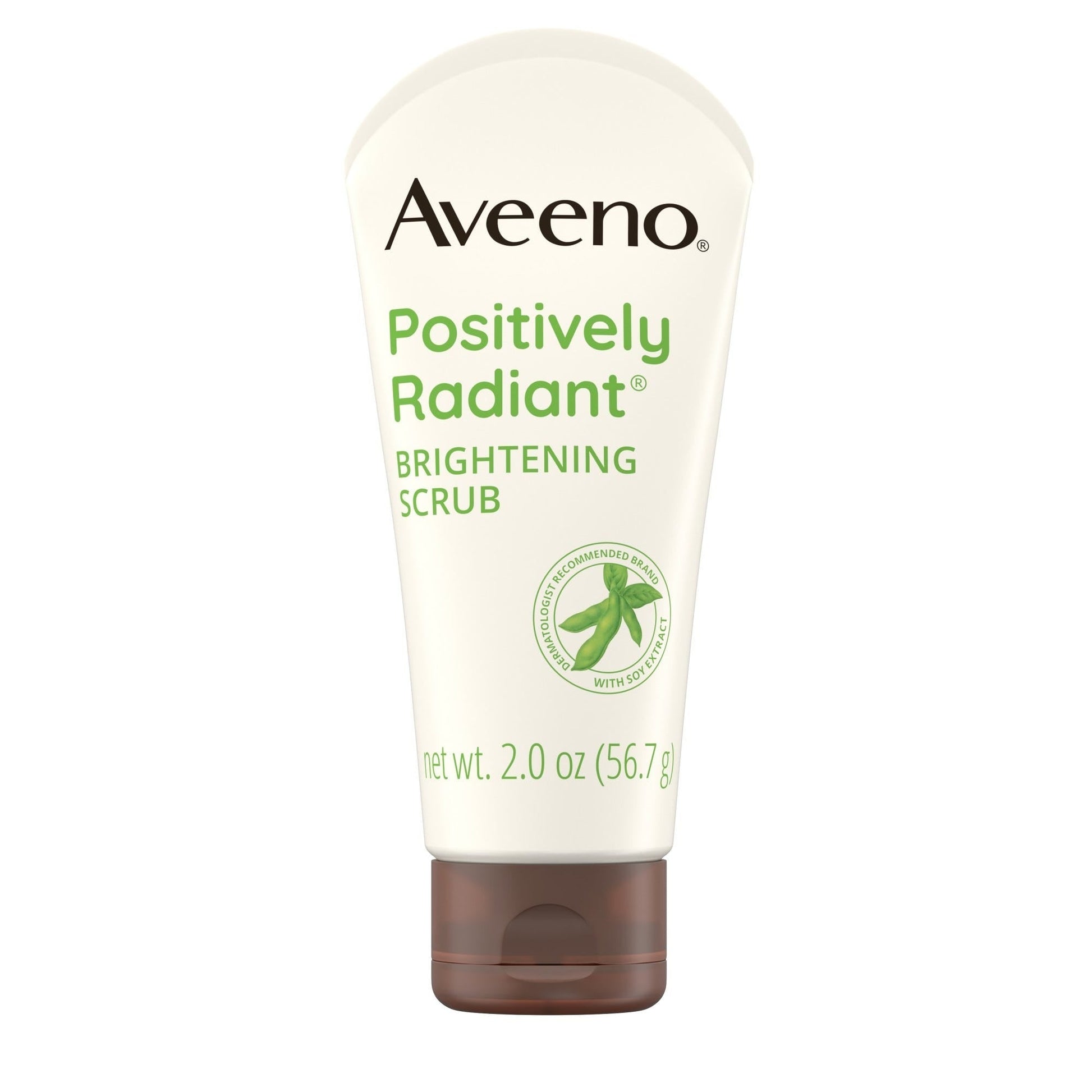 Aveeno Positively Radiant Skin Brightening Daily Scrub in a 2 oz tube, gentle exfoliating skincare product.