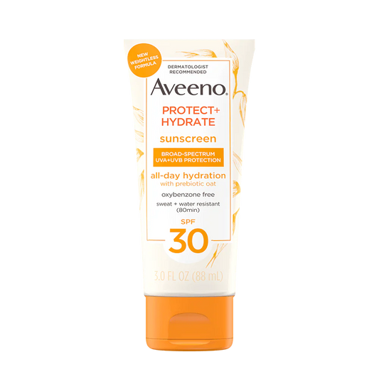 Aveeno Protect + Hydrate Sunscreen Broad Spectrum Body Lotion SPF 30 bottle, moisturizing skin care product for sun protection