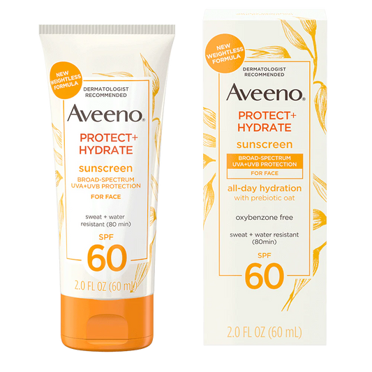 Aveeno Protect + Hydrate Sunscreen SPF60 in 60ml tube, skin care product with broad-spectrum sun protection and hydrating formula