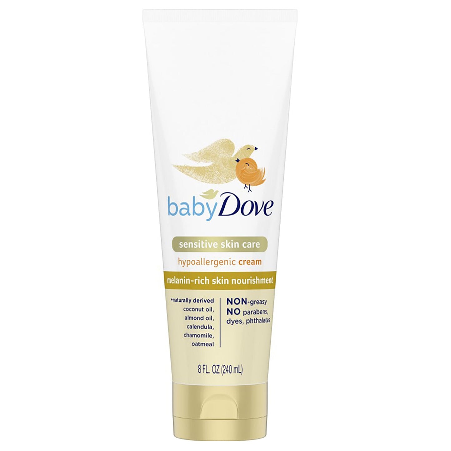 Baby Dove Sensitive Skin Care hypoallergenic cream in an 8 oz jar, gentle formula for baby's delicate skin.
