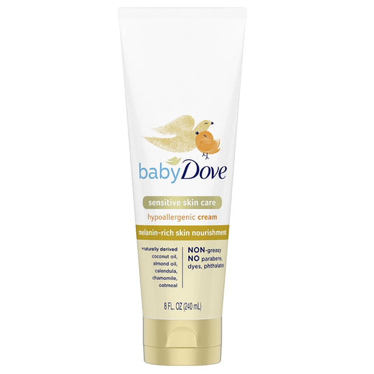 Baby Dove Sensitive Skin Care hypoallergenic cream in an 8 oz jar, gentle formula for baby's delicate skin.