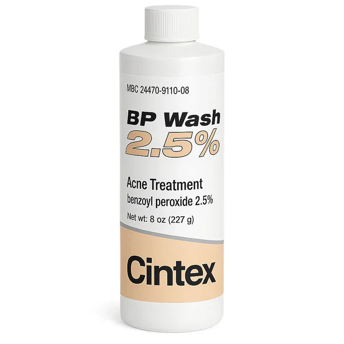 Benzoyl Peroxide 2.5% acne treatment wash from Pasteur Pharmacy, 8 oz liquid skin care product for acne-prone skin.