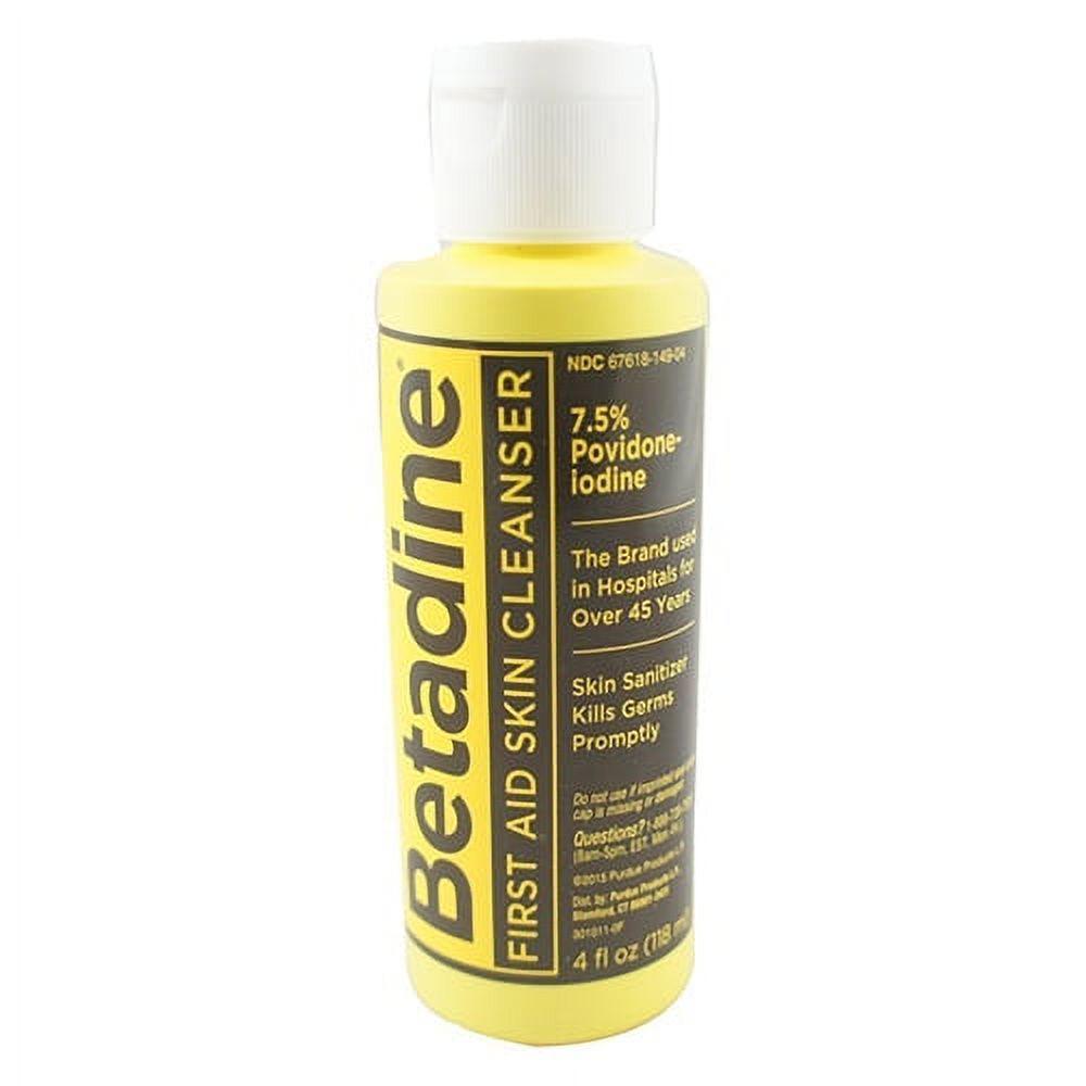 Betadine Skin Cleanser in a 4-ounce bottle, antiseptic hand wash with skin care properties, displayed with label and cap visible.