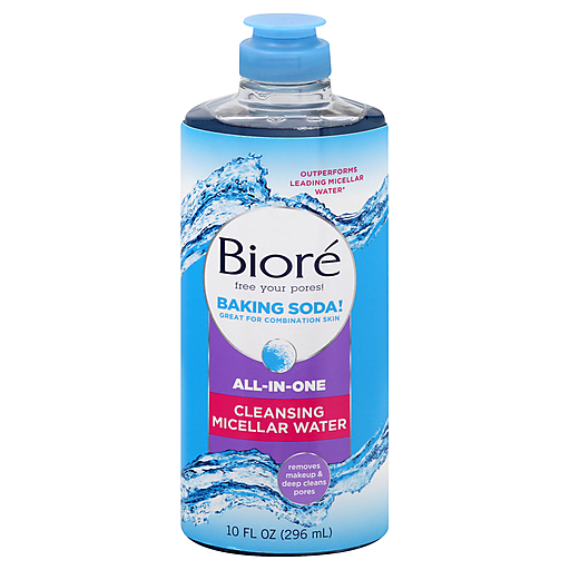 Biore Baking Soda All-In-One Cleansing Micellar Water by Pasteur Pharmacy, 10 oz bottle for face and skin cleansing.