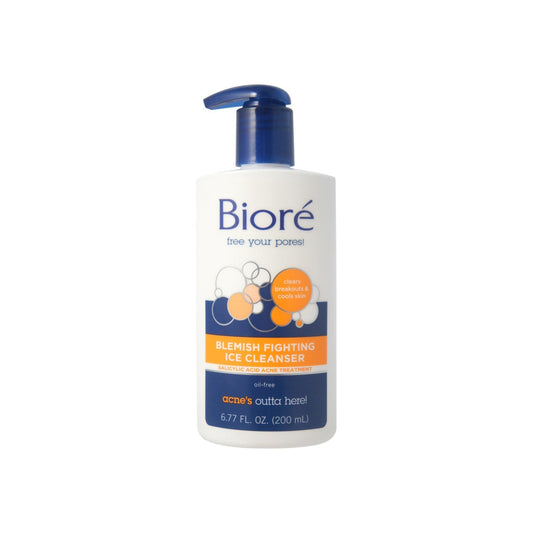 Biore Blemish Fighting Ice Cleanser with salicylic acid for acne treatment, 6.77 oz, in a clear bottle with blue and white branding