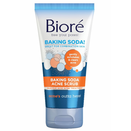 Biore Blue Agave Acne Scrub with salicylic acid, 4.5 oz, for clear skin and acne treatment, displayed in a skincare product image.