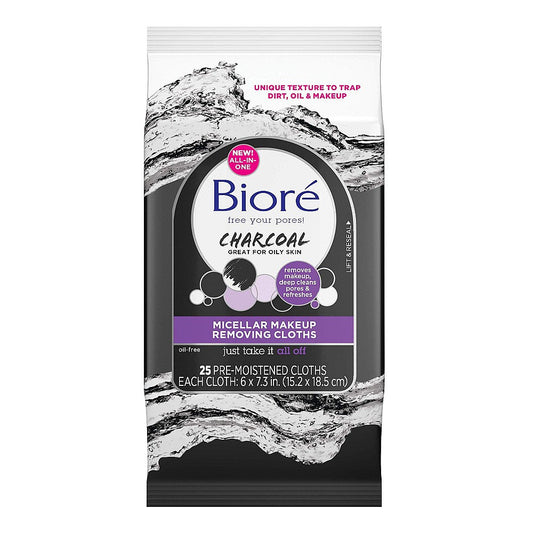 Biore Charcoal Micellar Makeup Removing Cloths by Pasteur Pharmacy, pack of 25, gentle skin care for removing makeup and dirt.