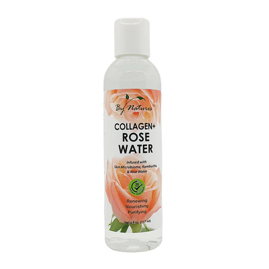 Bottle of By Natures Collagen + Rose Water skin care product by Pasteur Pharmacy, featuring clear liquid and floral label.