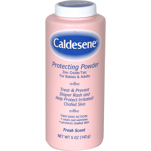 Caldesene medicated protecting powder with zinc oxide and cornstarch in a 5 oz container, for skin care and moisture protection.