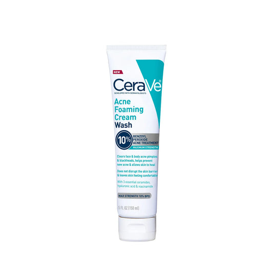 CeraVe Acne Foaming Wash Cream in 5 oz bottle, gentle skin care cleanser for acne-prone skin, with foaming action and hydrating ingredients.
