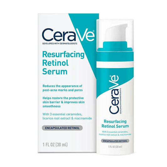 CeraVe Acne Resurfacing Retinol Serum in a clear bottle with dropper for skin care targeting acne and blemishes.