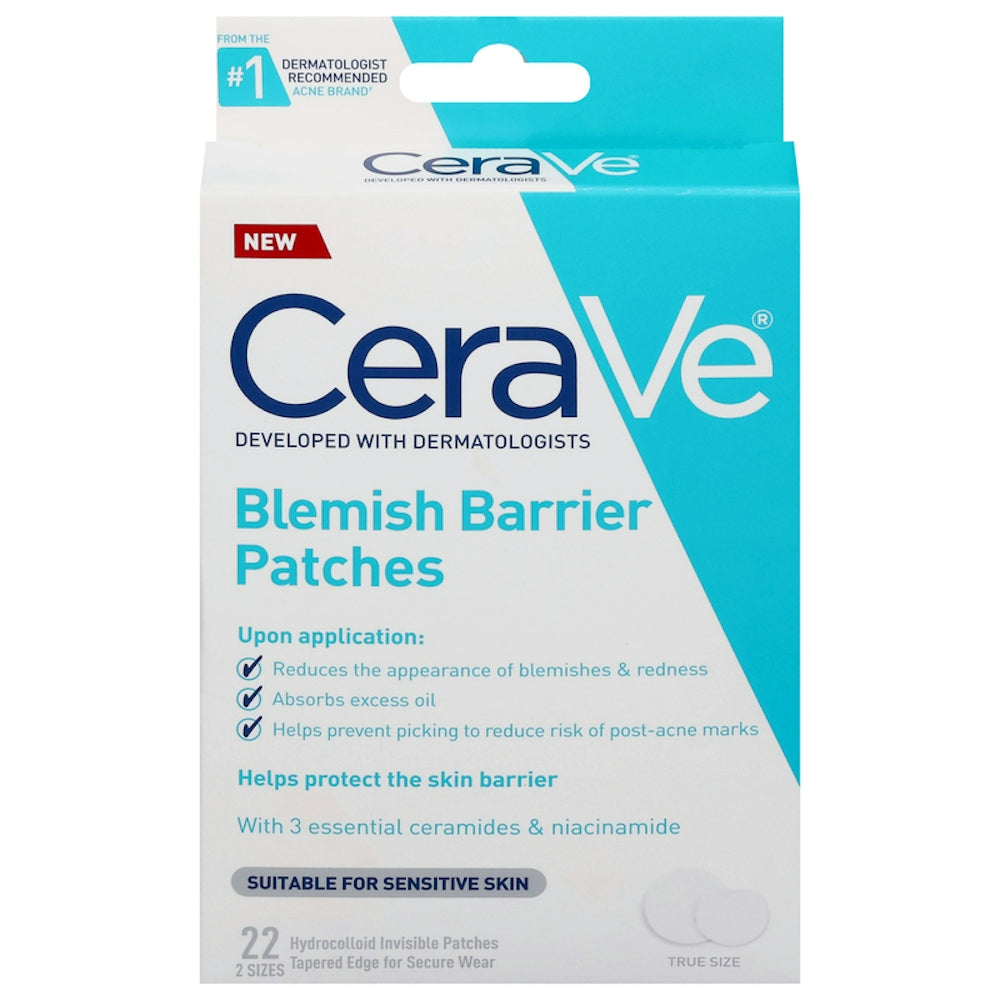 CeraVe Blemish Barrier Patches in two sizes, 22-count pack, for skin care, showing clear patches on skin.