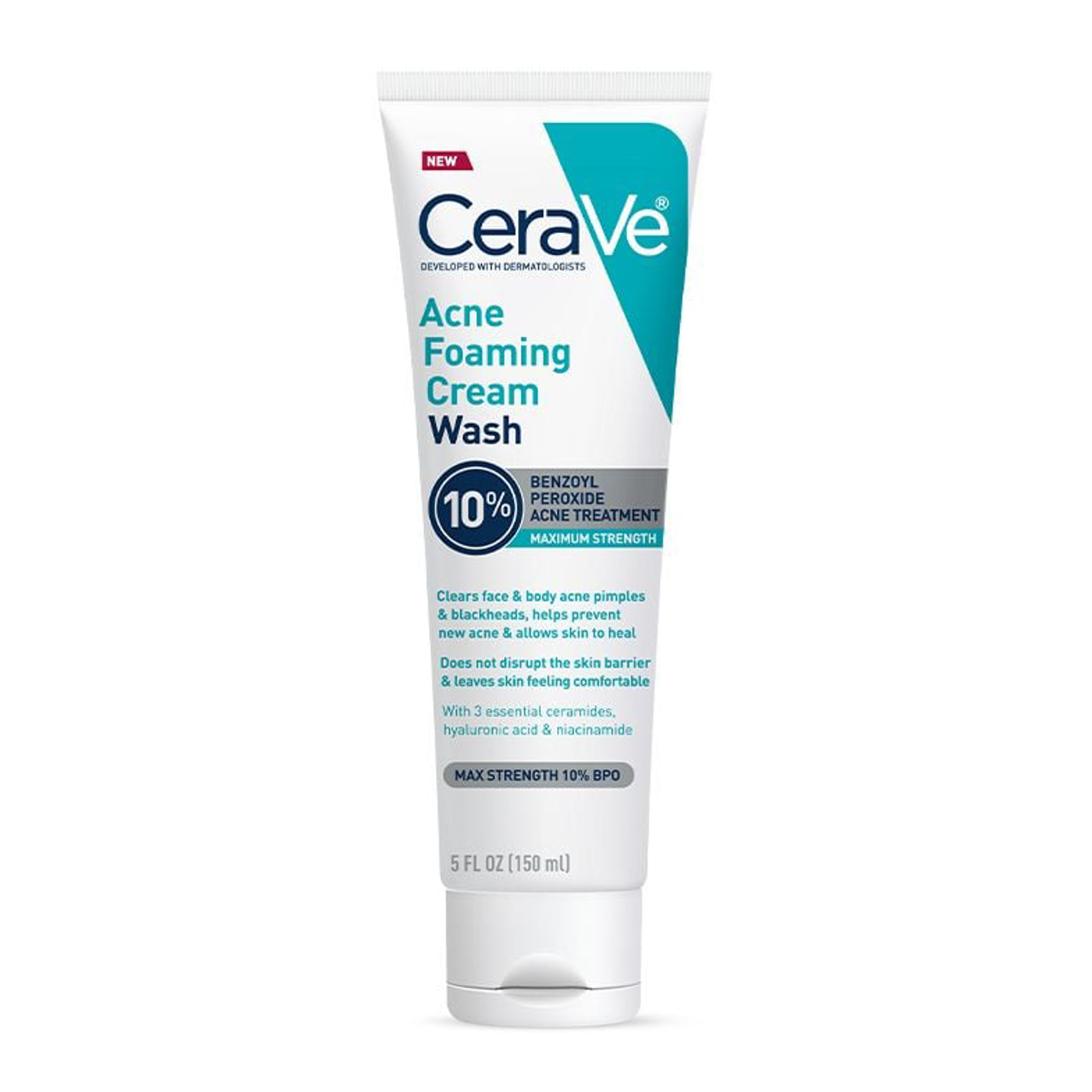 CeraVe Acne Foaming Cream Wash with 10% Benzoyl Peroxide in a 5 oz bottle, gentle skin care for acne-prone skin.