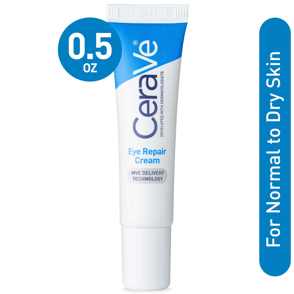 CeraVe Eye Repair Cream in a 0.5-ounce jar, gentle skincare product for reducing dark circles and puffiness around the eyes