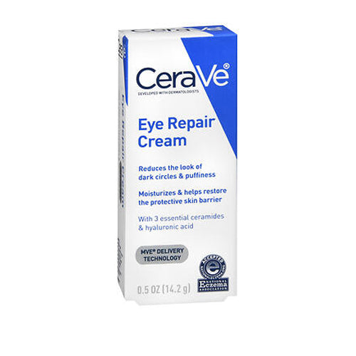 Cerave Eye Repair Cream in a 0.5 oz tube, designed for sensitive skin to reduce dark circles and puffiness.