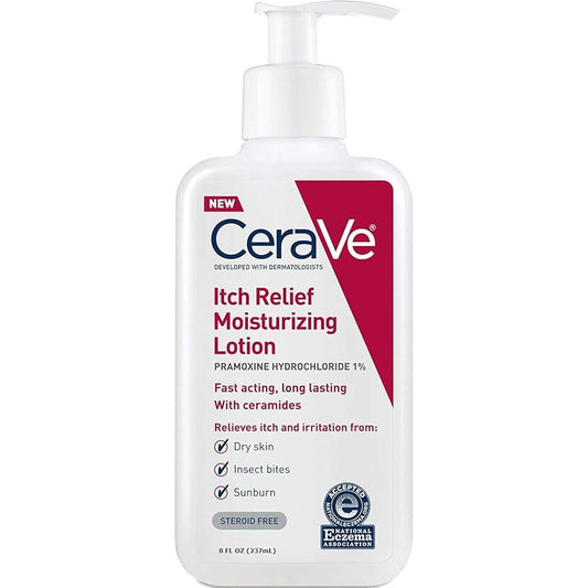 CeraVe Itch Relief Moisturizing Lotion in 8 oz bottle, soothing skin care product for relief from itching and dryness.