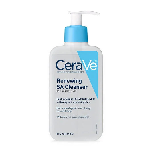 CeraVe Renewing SA Cleanser for normal skin in an 8 oz bottle, gentle skin care product with exfoliating salicylic acid