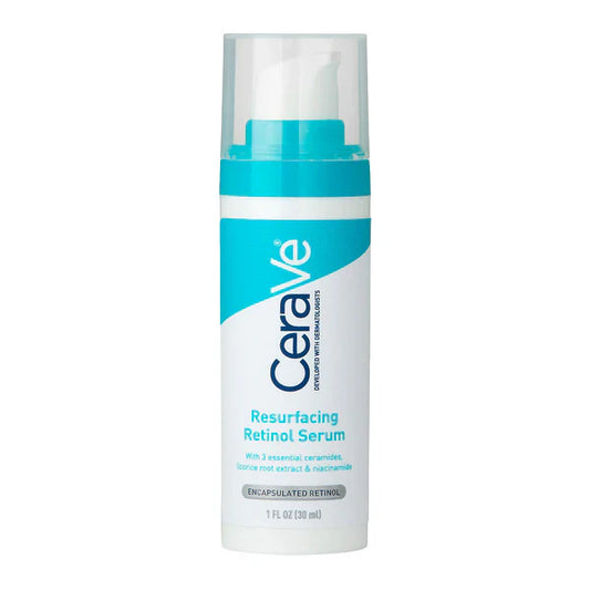 CeraVe Resurfacing Retinol Serum in 1 oz bottle, a skincare product with smooth, clear skin focus, featuring the product bottle and label.