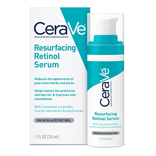 CeraVe Retinol Serum 1 oz for improving post-acne marks and skin texture, in a clear bottle with a white pump dispenser.