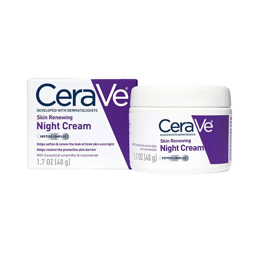 CeraVe Skin Renewing Night Cream in 1.7 oz jar, moisturizing skincare product with a white container and blue lid