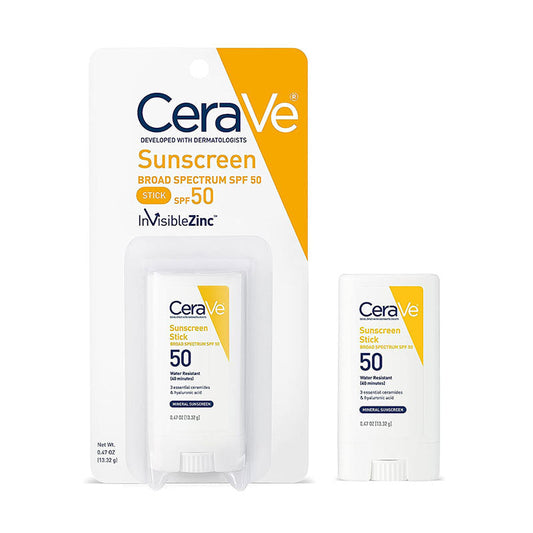 CeraVe Sunscreen Stick Broad Spectrum SPF 50, 13.32g, skincare product with white stick packaging for sun protection.