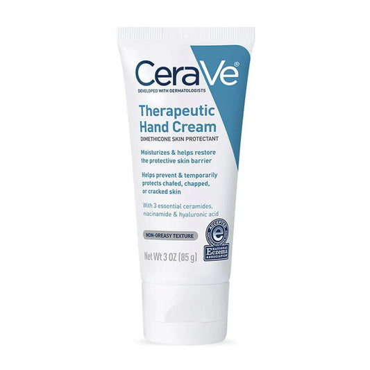 Cerave Therapeutic Hand Cream 1% in an 85g tube, moisturizing skin care product with soothing formula for dry hands.