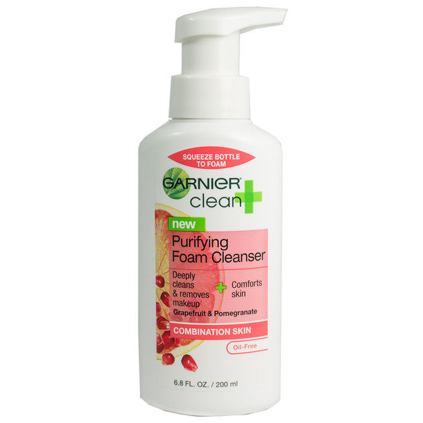Garnier Purifying Foam Cleanser for combination skin in a 6.8 fl oz bottle, gentle skin care product displayed.