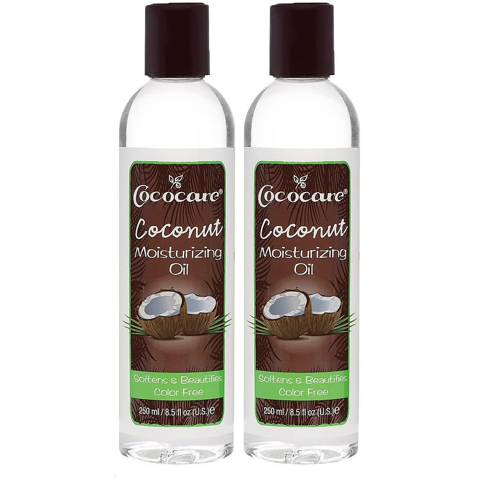 Cococare Coconut Moisturizing Oil in a 9 Fl Oz bottle, natural skin care product, with coconut oil visible in the image.