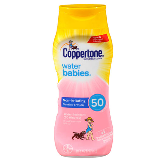 Coppertone Water Babies Sunscreen Lotion SPF 50, 8 Fl Oz bottle, gentle skin care for babies, with waterproof protection