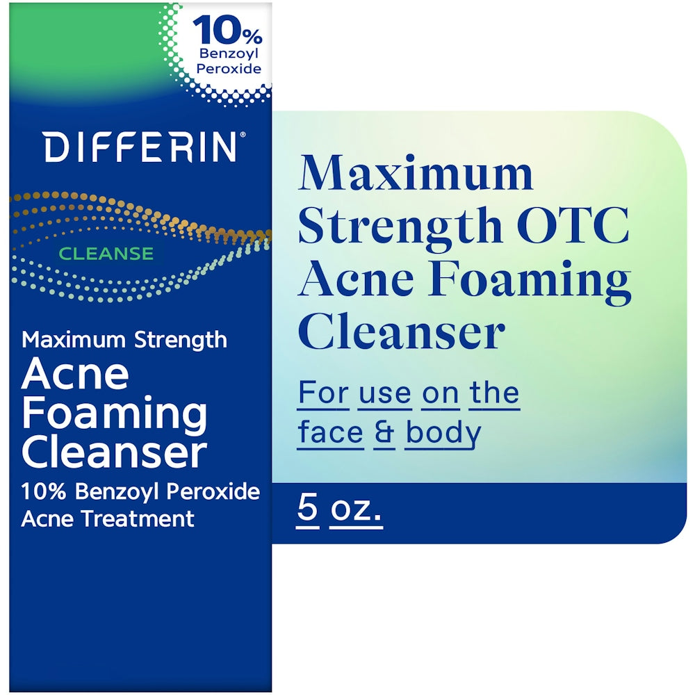Differin Acne Foaming Cleanser by Pasteur Pharmacy, maximum strength skin care product in a 5 oz bottle for acne-prone skin.