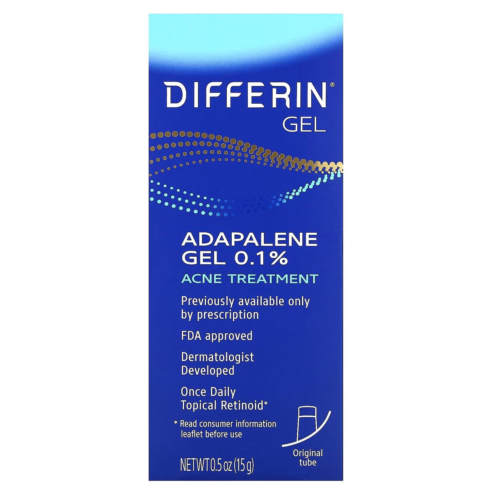 Differin Adapalene Gel 0.1% acne treatment in four 15g tubes, skincare product for clear, healthy skin.