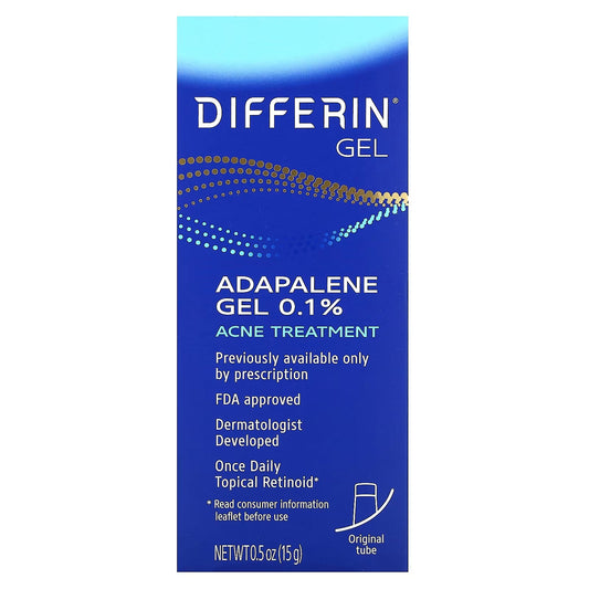 Differin Adapalene Gel 0.1% acne treatment in four 15g tubes, skincare product for clear, healthy skin.