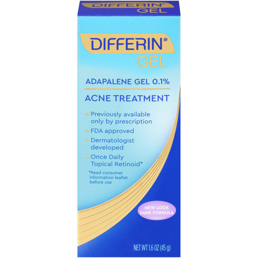 Differin Adapalene Gel 0.1% acne treatment tube, prescription-strength retinoid skin care product from Pasteur Pharmacy.
