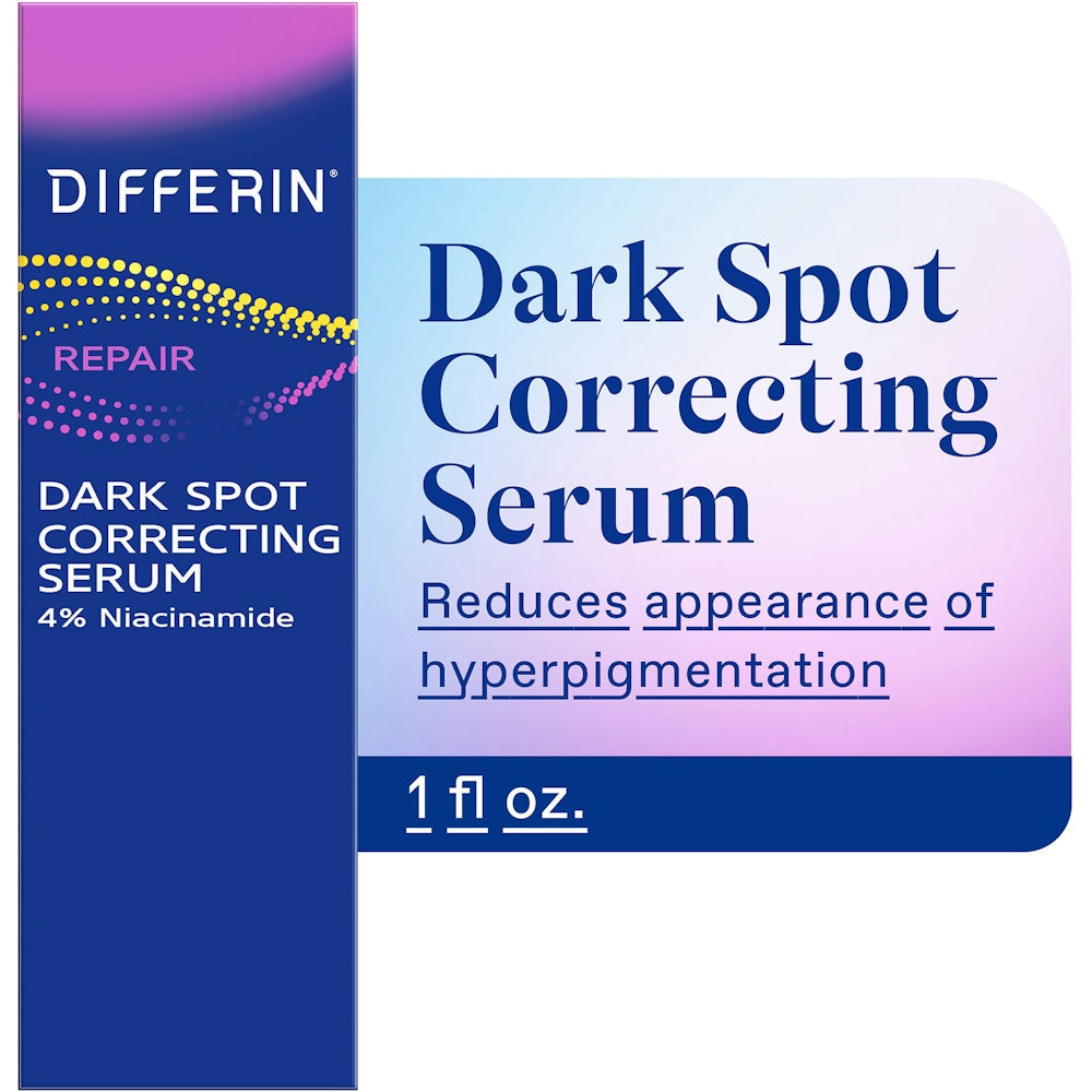 Differin Dark Spot Correcting Serum for acne-prone skin in 1 oz bottle, featuring a sleek skincare product from Pasteur Pharmacy.