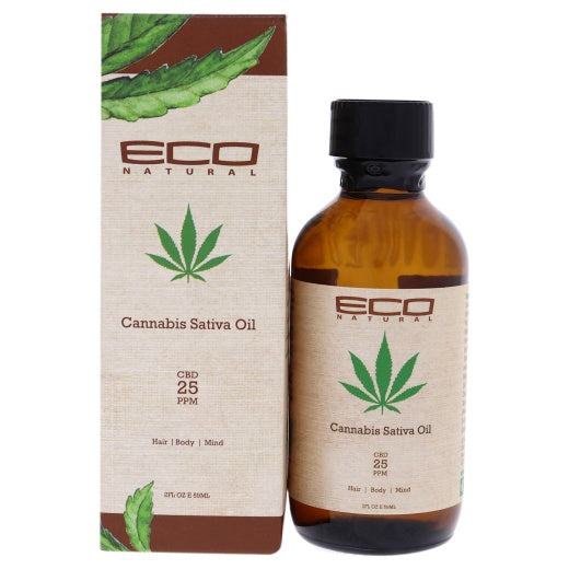 Ecoco Eco Natural Cannabis Sativa Oil 2oz in a clear bottle, used for skincare, with a natural ingredient label.