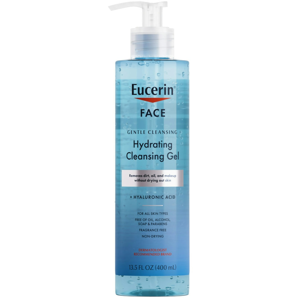 Eucerin Hydrating Cleansing Gel for face in 13.5 oz bottle, gentle skin care product with clear gel texture