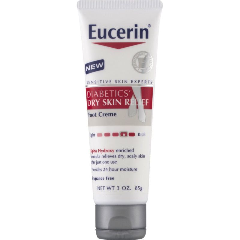 Eucerin Diabetics' Dry Skin Relief Foot Creme in a tube, designed for dry, sensitive skin on feet, from Pasteur Pharmacy.