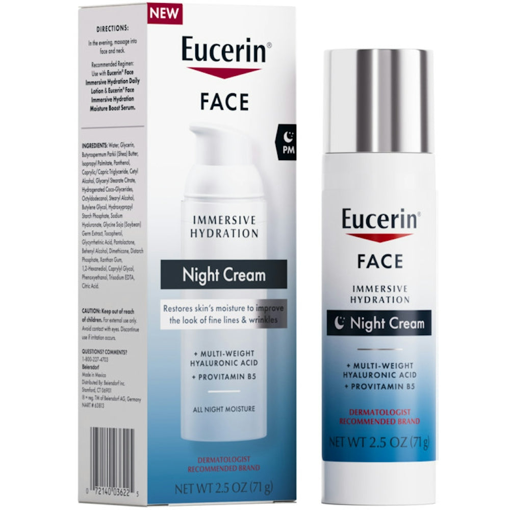 Eucerin Immersive Hydration Face Night Cream in 2.5oz jar, hydrating skin care product for overnight moisture and skin nourishment