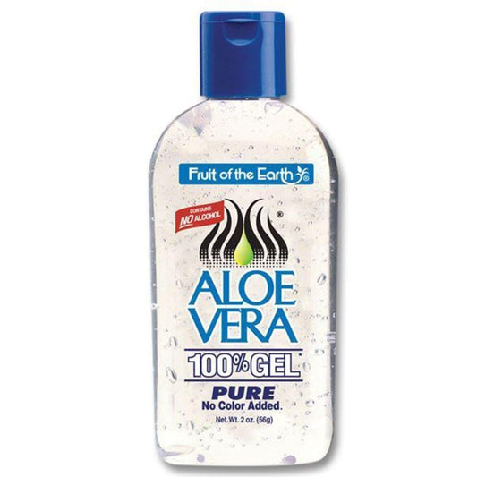 Fruit of the Earth Aloe Vera Gel pack, 2 ounces, natural skin care product by Pasteur Pharmacy, featuring clear gel in a tube.