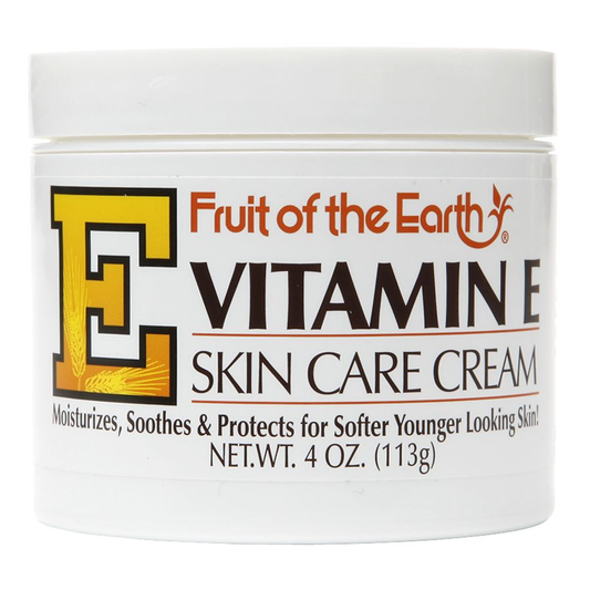 Fruit of the Earth Vitamin E Skin Care Cream in a 4 oz jar, featuring natural vitamin E for nourishing skin care.