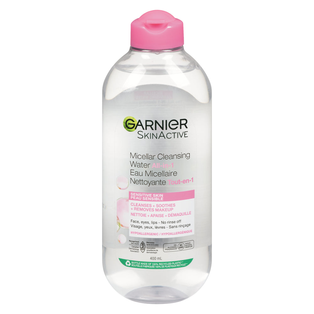 Garnier Skin Active Micellar Cleansing Water All In 1 in a 13.5 fl oz bottle, skincare product for gentle makeup removal and cleansing