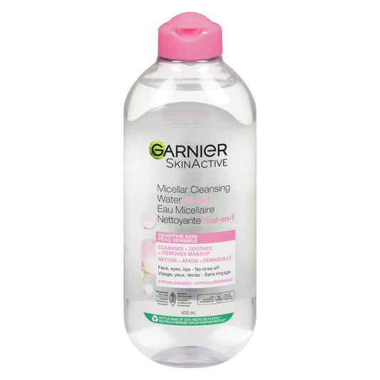 Garnier Skin Active Micellar Cleansing Water All In 1 in a 13.5 fl oz bottle, skincare product for gentle makeup removal and cleansing