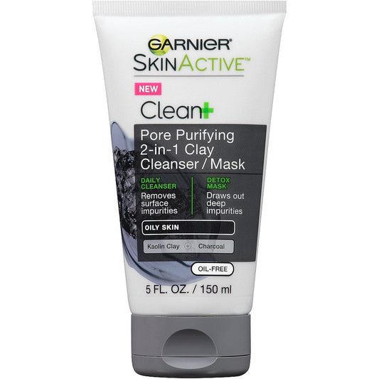 Garnier SkinActive Clean+ Pore Purifying 2-in-1 Clay Cleanser and Mask in 5oz tube, shown with clay and skincare elements