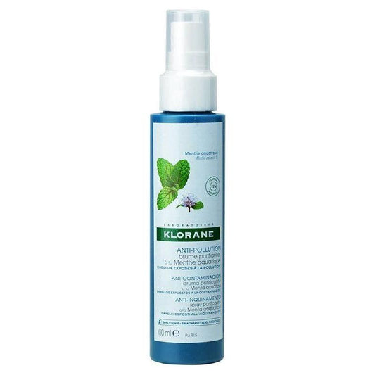 Klorane Anti-Pollution Purifying Mist with Aquatic Mint in 3.3 oz bottle, skincare product for refreshing and cleansing skin.