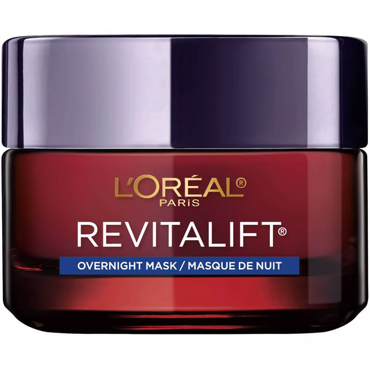 L'Oreal Paris Revitalift Triple Power Anti-Aging Overnight Mask in 1.7 oz jar, showing the skincare product and packaging